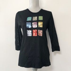 Y2K black sweater with sequins, sheer knit colorful pastel squares